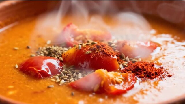 Extreme Close-up of a Steaming Spiced Tomato Soup