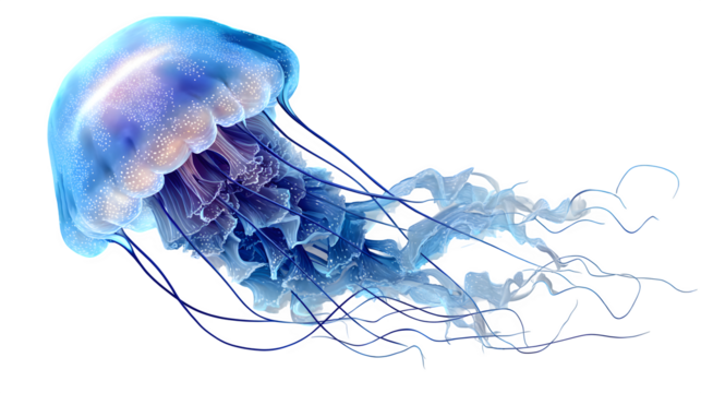 jellyfish illustration, glowing translucent body with trailing tentacles, isolated on white background