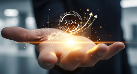 Businessman holding glowing 2026 with growth chart and arrows