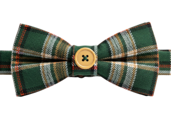 Green plaid bow tie with button isolated on transparent background
