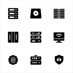 Set of server rack icons, computer hardware, network equipment, and security shield