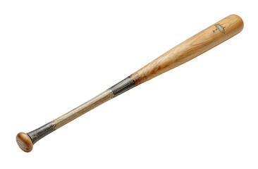 Wooden baseball bat, light brown wood,  darker wood grain, metal ferrule at handle