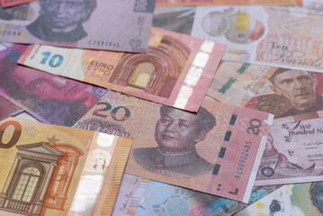 Money background, currency exchange, paper banknotes from different countries. Money cash currency