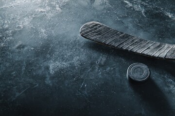 Old Hockey Stick with Puck on Ice
