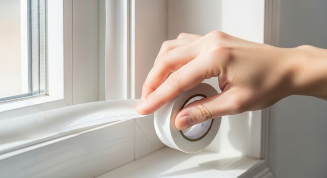 Hand applying white weather stripping tape to a white window frame to seal drafts and insulate the home for winter weather