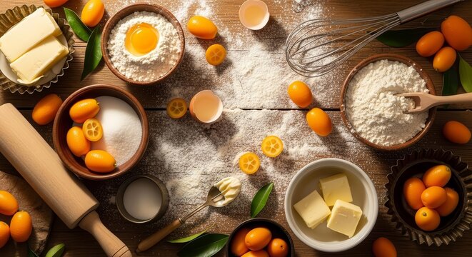 Culinary Delight: A Colorful Array of Baking Ingredients and Fresh Citrus Fruits