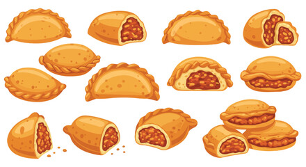 Flat 2D vector illustration showcasing several golden-brown Latin American empanadas filled with savory ground meat, isolated clearly against a clean white background.