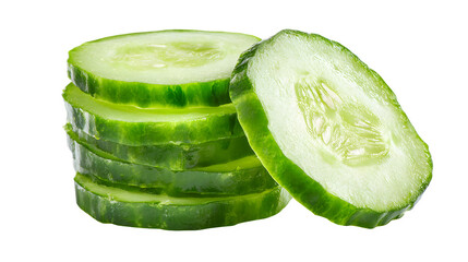 fresh cucumber slices stacked neatly, healthy green vegetable, isolated on white background