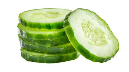 fresh cucumber slices stacked neatly, healthy green vegetable, isolated on white background