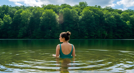 Fototapeta premium Serene Lakeside Retreat A Woman Enjoying Tranquility Surrounded by Nature's Beauty in a Peaceful Lake Escape Embrace the Calm Waters and Lush Greenery A Moment of Bliss