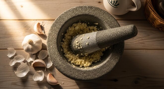 Culinary Scene: Freshly Crushed Garlic Piles in Mortar with Pestle on a Wood Table