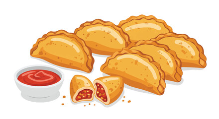 Delicious golden-brown savory empanadas are meticulously rendered in a flat 2D vector illustration, neatly served with a side of dipping rich red tomato sauce on a bright, isolated white background.