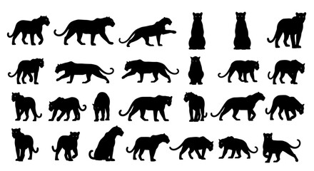 Obraz premium Dynamic black panther silhouettes showcasing powerful stances and elegant movements, perfect for wild animal branding and design projects.