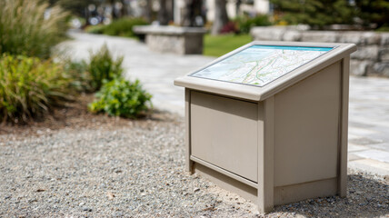 Outdoor map information board in a park for navigation and guidance.
