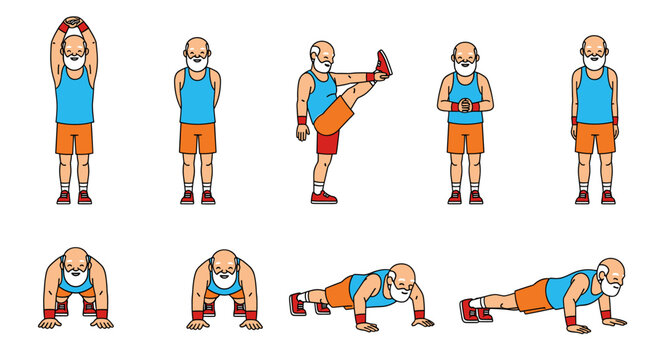 Vibrant, active senior man demonstrates effective exercises for a healthy, energetic lifestyle, promoting fitness and well-being