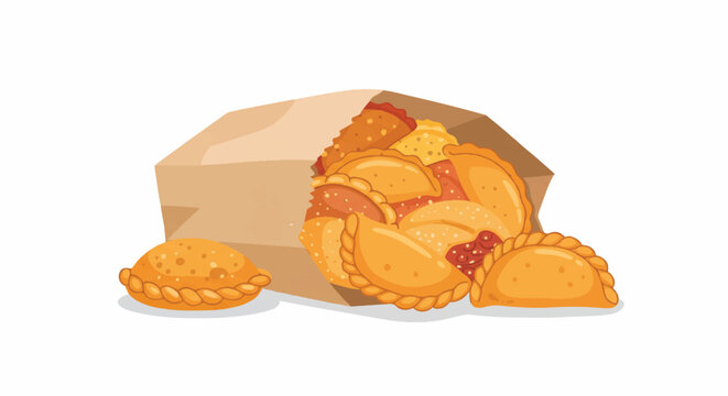 Flat 2D vector illustration showing golden-brown empanadas packaged neatly inside a crinkled brown paper bag, evoking delicious street food culture on a clean white background.