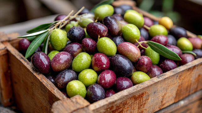 Freshly harvested olives in a rustic wooden box. - Powered by Adobe