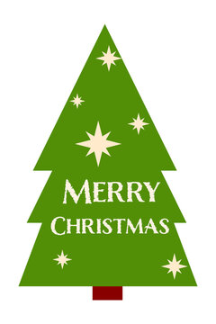 Green Christmas tree with cream stars and "Merry Christmas" text. Festive evergreen with brown trunk for holiday greeting cards, seasonal celebrations, and December decoration designs. High-res PNG