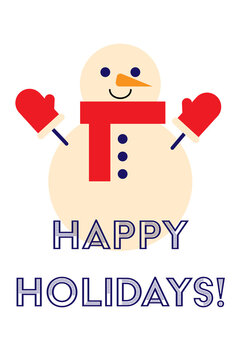 Smiling snowman with red scarf, mittens, and carrot nose, with Season's Greetings typography. Perfect for Christmas cards, holiday decor, gift tags, social media, winter designs. High-res PNG