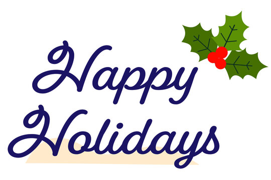 Festive "Happy Holiday" typography design with holly leaves and snow accents. Perfect for cards, Christmas decorations, social media, winter invitations, and seasonal graphic projects. High-res PNG