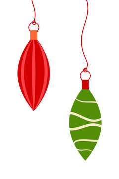 Colorful Christmas ornament illustrations in red and green with fun patterns. Set of two modern holiday drop baubles. For cards, gift wrap, tags, seasonal decorations, and holiday designs. PNG