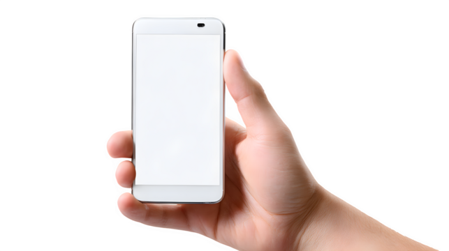 hand holding mobile phone, modern communication device, isolated on white background