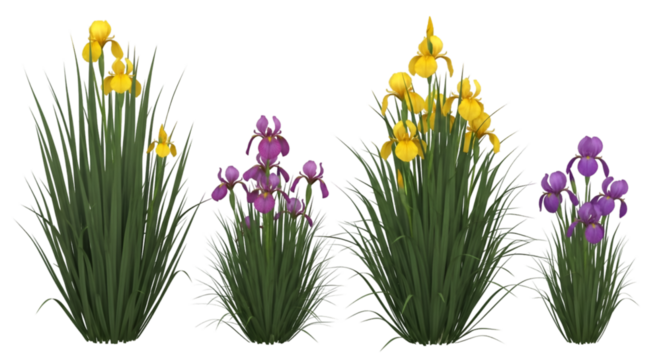 Yellow and Purple Iris Flowers with Green Grass plant