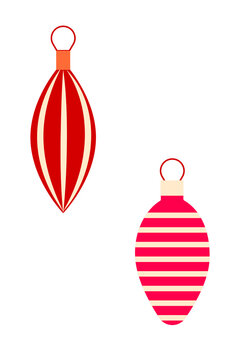Two fun Christmas ornament illustrations in red stripe patterns. Vintage mid century modern holiday baubles clipart PNG perfect for Xmas cards, retro decor, wrapping paper, tags & seasonal design.
