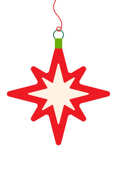 Christmas star tree ornament illustration in red and beige. Mid-century holiday decoration perfect for winter celebrations, Christmas cards, gift tags, invitations, and seasonal design projects. PNG