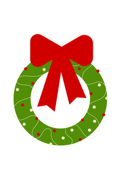 Christmas wreath with red bow, green evergreen foliage, and decorative berries. Festive holiday decoration with white string lights and red ornaments for seasonal greeting cards and celebrations. PNG