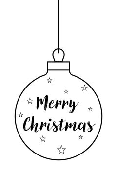 Outline illustration, Christmas ornament with &ldquo;Merry Christmas&rdquo; typography and stars. Holiday decoration bauble for winter celebrations, cards, gift tags, invites, festive graphic design. High-res PNG