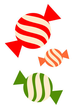 Set of 3 colorful Christmas sweets, candies in striped wrappers. Perfect for holiday illustrations, Christmas cards, gift tags, festive packaging, winter decorations, seasonal projects. High-res PNG