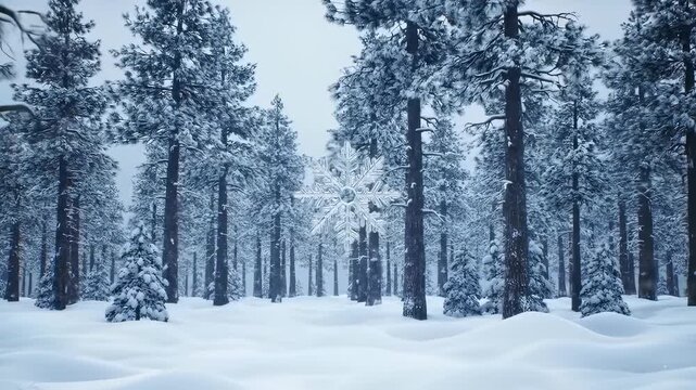 Winter's Enchanting Serenity: A delicate crystal snowflake graces a serene, snow-covered pine forest landscape, highlighting nature's tranquil beauty.