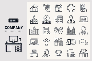 Company Editable Stroke Icon Set Representing Business Concepts and Professionals white background.