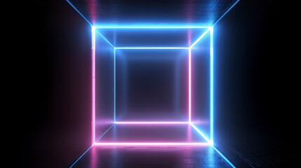 Glowing Neon Cube in Dark Room with Vibrant Edges and Lights