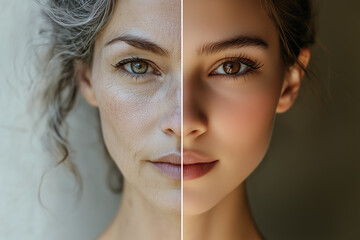 A portrait split a woman showing old and youth age. Generative AI.