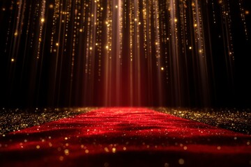 Glowing Red Carpet Stage with Light Streaks and Sparkling Background