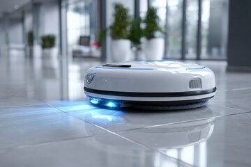 Robot Cleaner Moving Across Shiny Tile Floor in Modern Space