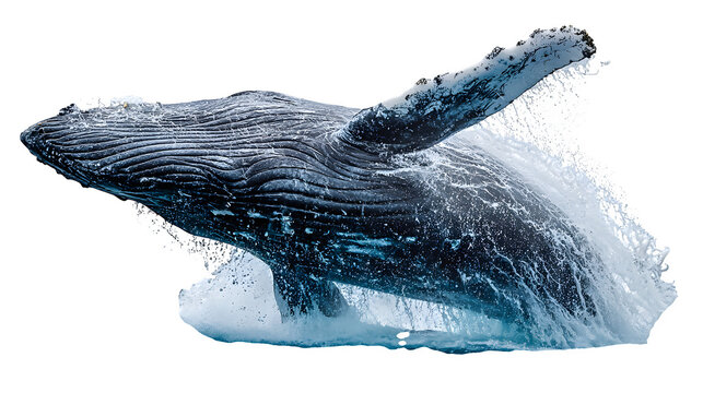 humpback whale breaching ocean surface, majestic motion, isolated on white background - Powered by Adobe