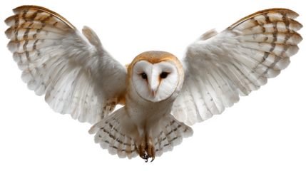 barn owl flying with wings spread, elegant nocturnal bird, isolated on white background