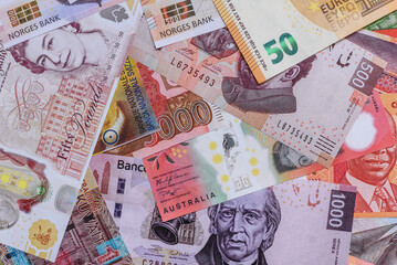 Money background, currency exchange, paper banknotes from different countries. Money cash currency