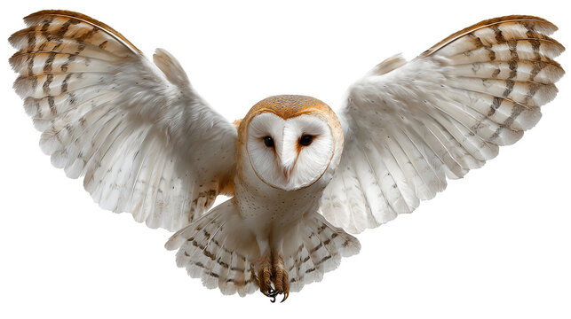 barn owl flying with wings spread, elegant nocturnal bird, isolated on white background