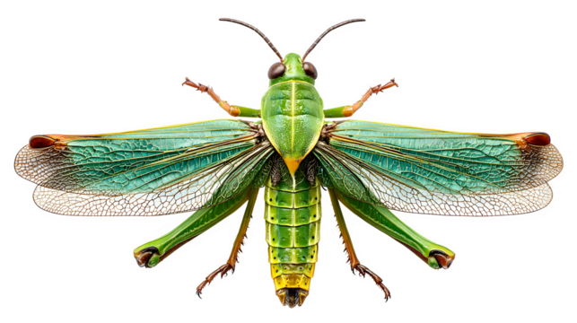 green grasshopper insect, detailed legs and wings, isolated on white background