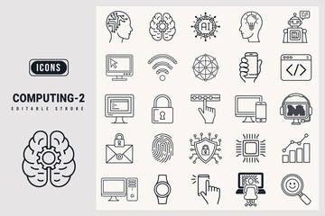 Set of Computing Icons Representing Artificial Intelligence and Computer Science Concepts white background.