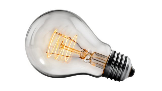 clear glass light bulb with glowing filament visible, creative innovation concept, isolated on white background