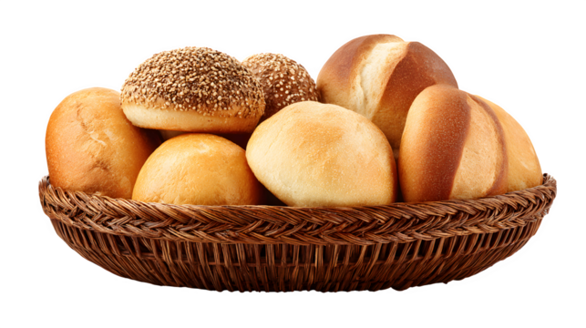 bread basket with assorted loaves and rolls, freshly baked variety, isolated on white background