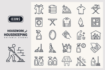 Housework and Housekeeping Icon Set with Editable Stroke and Vector Illustration white background.