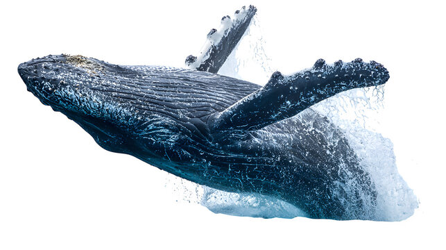 humpback whale breaching ocean surface, water splash effect, isolated on white background
