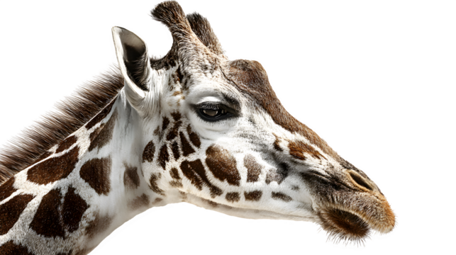 giraffe head and long neck, expressive face, detailed fur pattern, isolated on white background