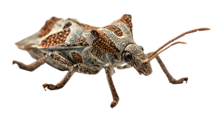 camouflaged insect showing complex body pattern and textures, macro detail, isolated on white background